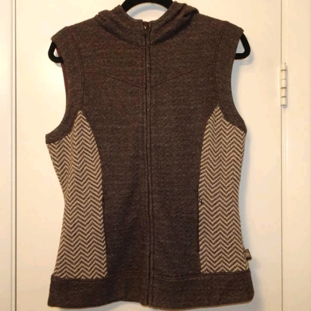 prAna Wool Hooded Vest Brown Herringbone Chevron
